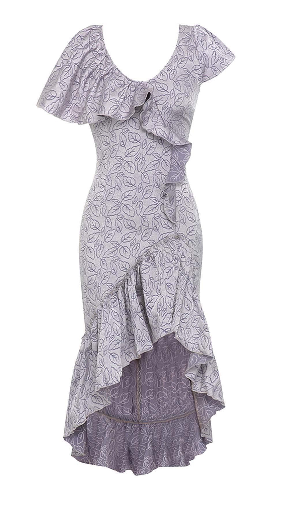 RUFFLED V-NECK ASYMMETRIC MIDI DRESS IN PURPLE