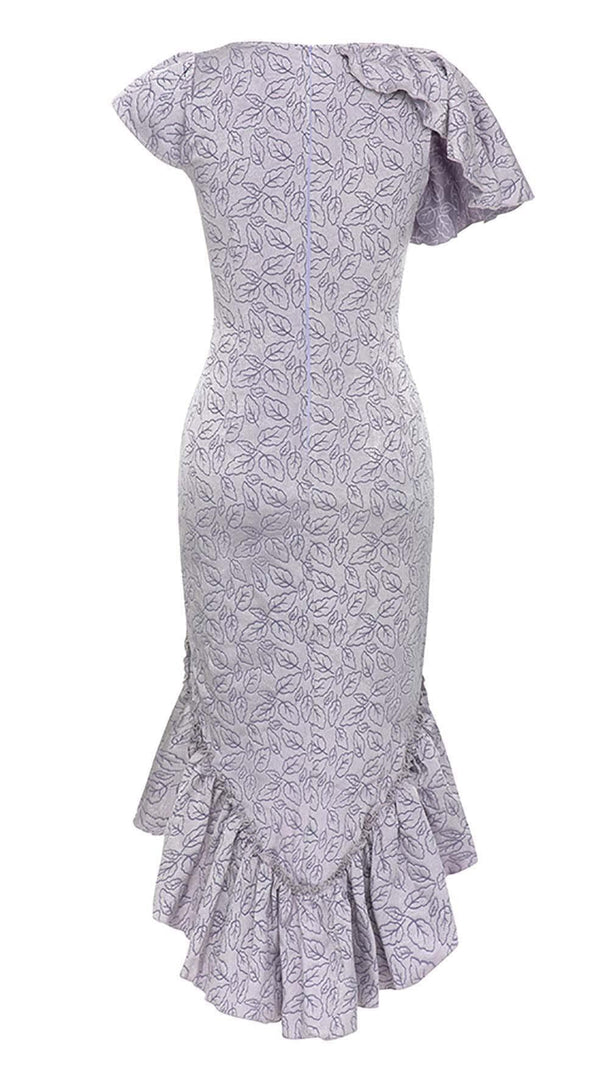 AIIZIE RUFFLED V-NECK ASYMMETRIC MIDI DRESS IN PURPLE - product image