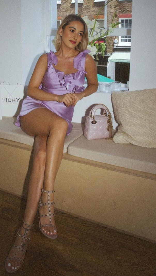 AIIZIE SATIN RUFFLE MINI DRESS IN PURPLE - product image