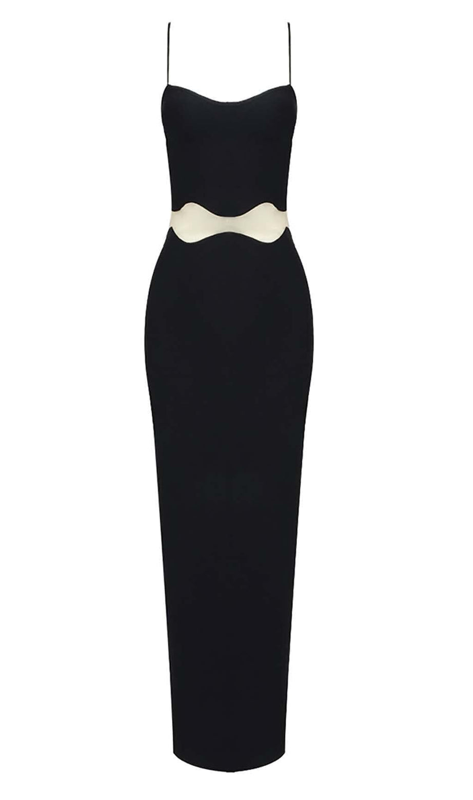 MAXIKLEID MIT GEWELLTEM NETZEINSATZ IN SCHWARZ