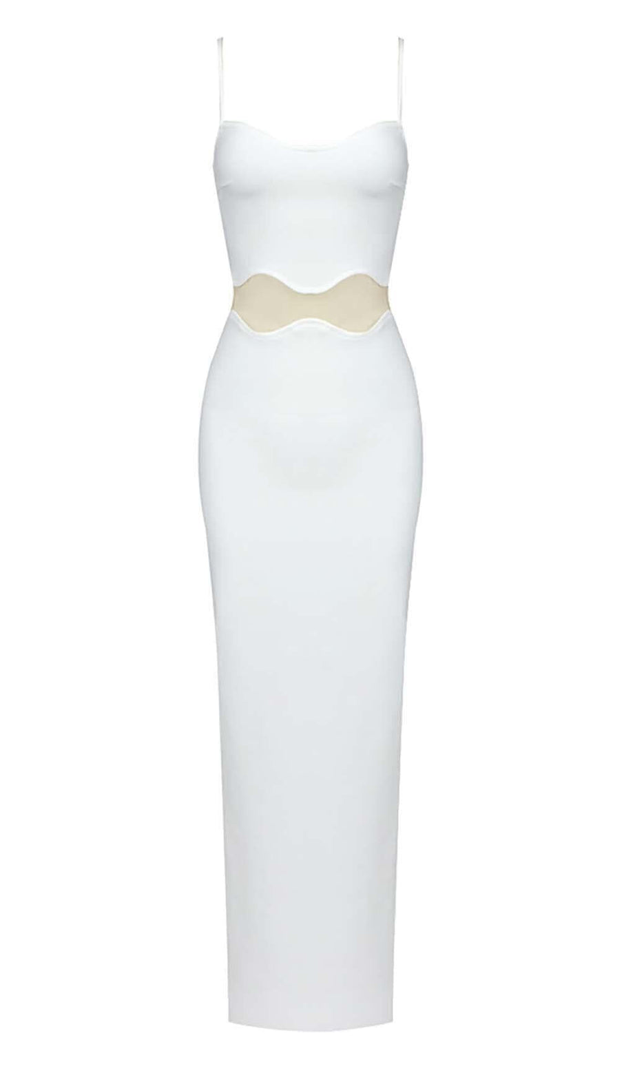 MAXIKLEID MIT GEWELLTEM NETZEINSATZ IN WEISS
