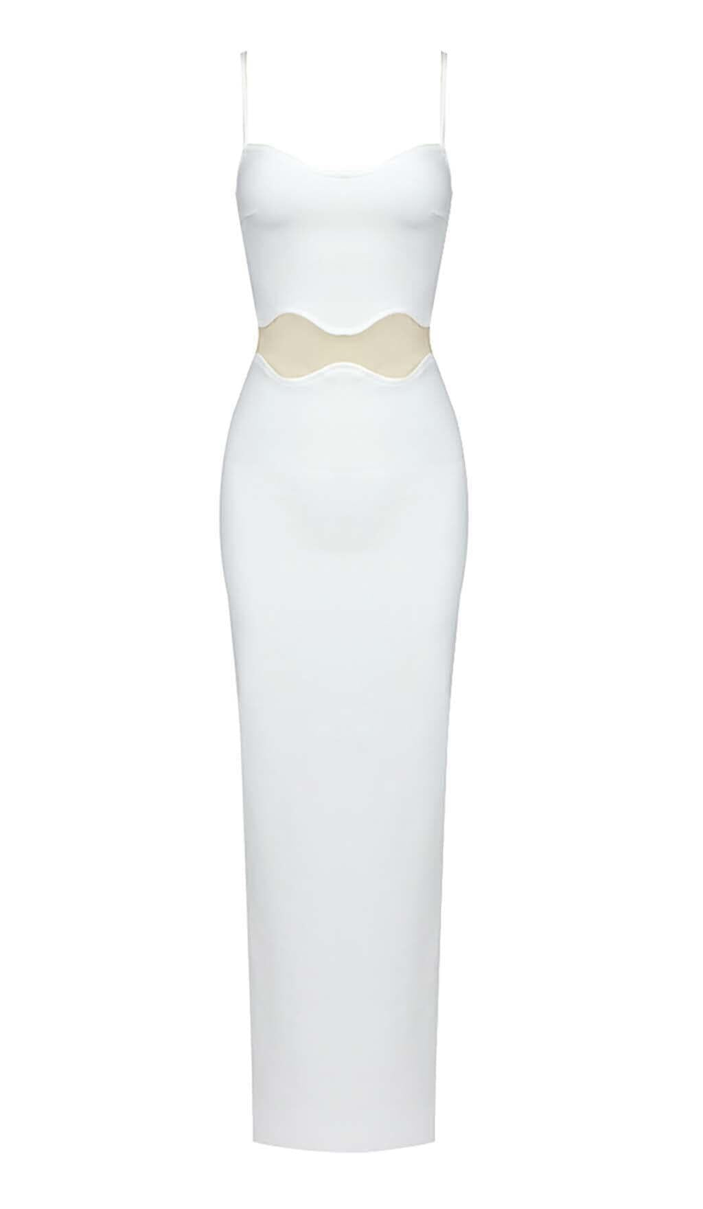 MAXIKLEID MIT GEWELLTEM NETZEINSATZ IN WEISS