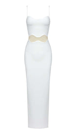 SCALLOPED MESH INSERT MAXI DRESS IN WHITE