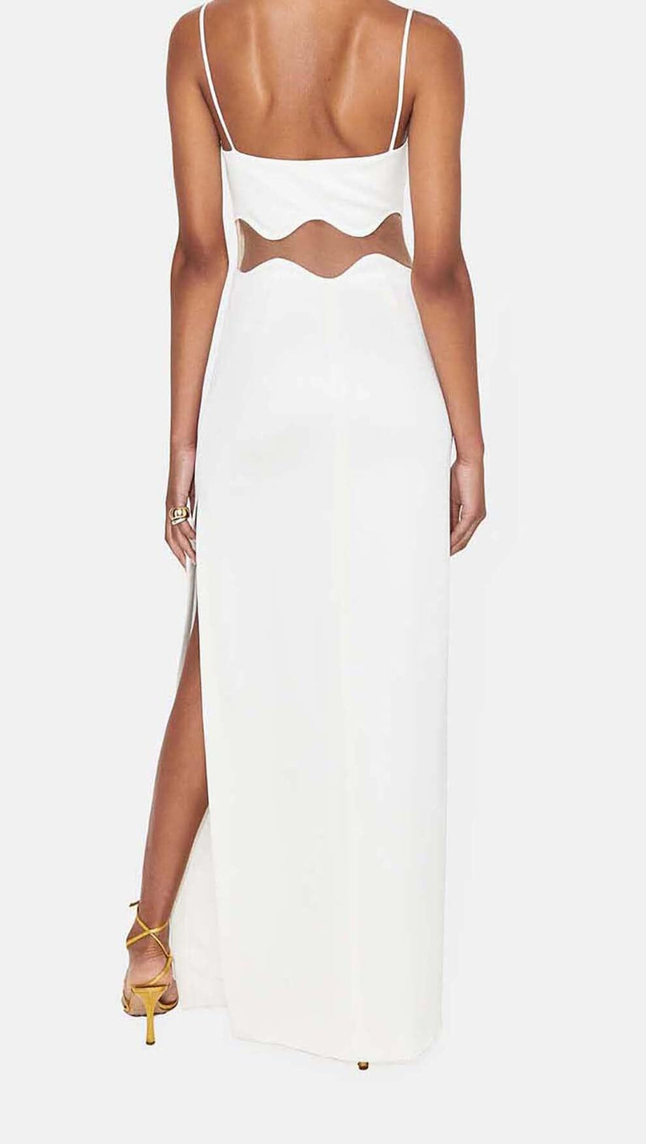 ABITO LUNGO CON INSERTI IN RETE SMERLATA IN BIANCO