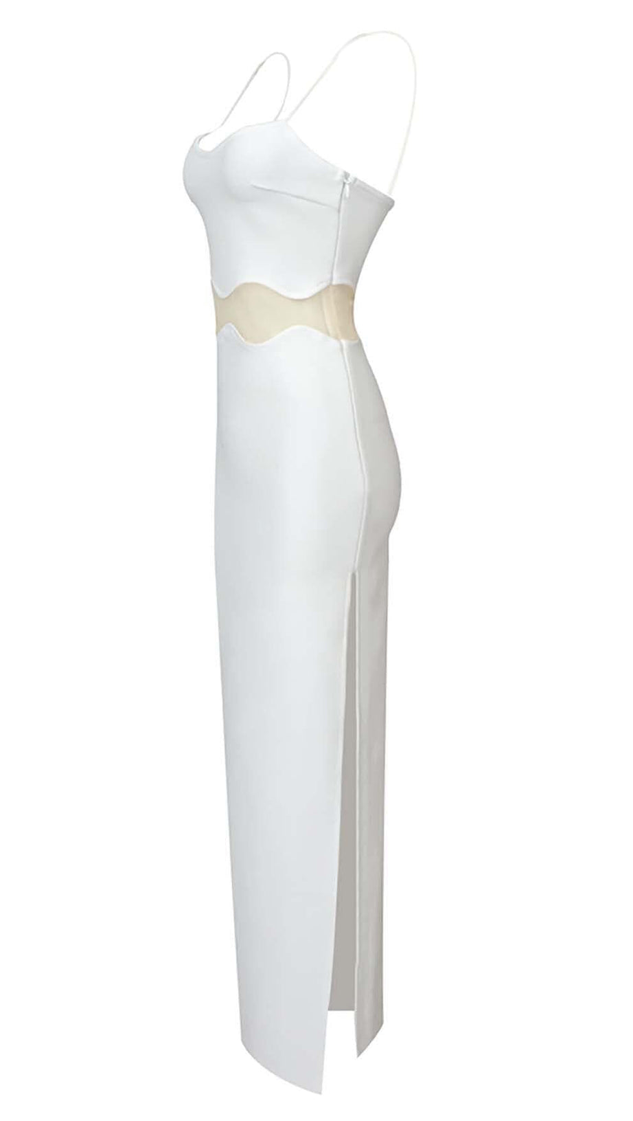 ABITO LUNGO CON INSERTI IN RETE SMERLATA IN BIANCO