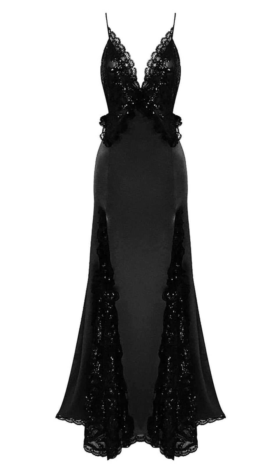 ABITO LUNGO IN PIZZO CON PAILLETTES NERO