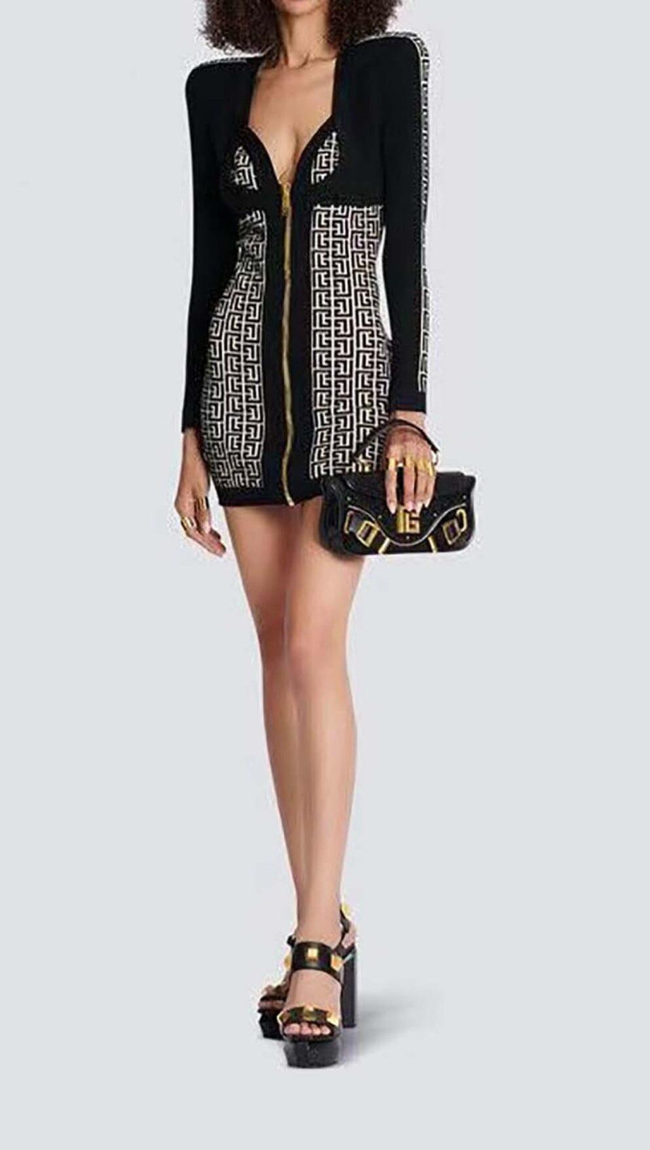 SHOULDER PADS KNITTED MINI DRESS IN BLACK