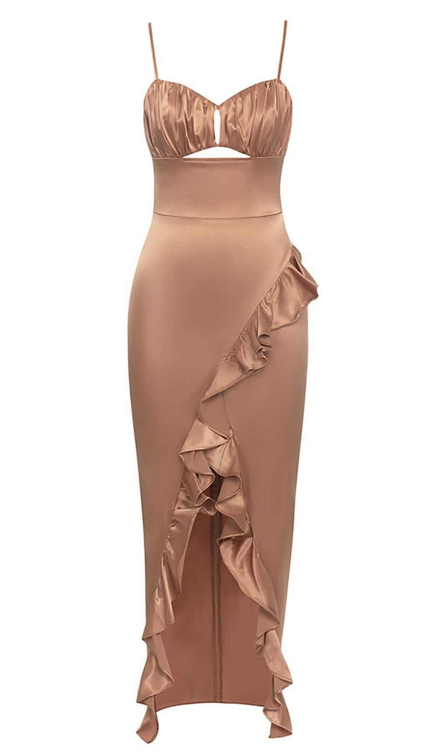 SPAGHETTI STRAP RUFFLE MIDI DRESS IN BROWN
