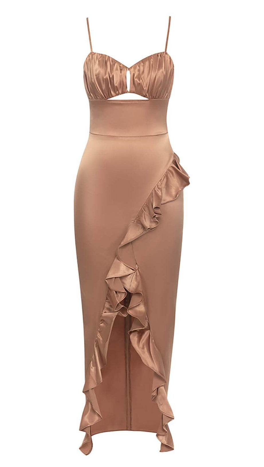 SPAGHETTI STRAP RUFFLE MIDI DRESS IN BROWN