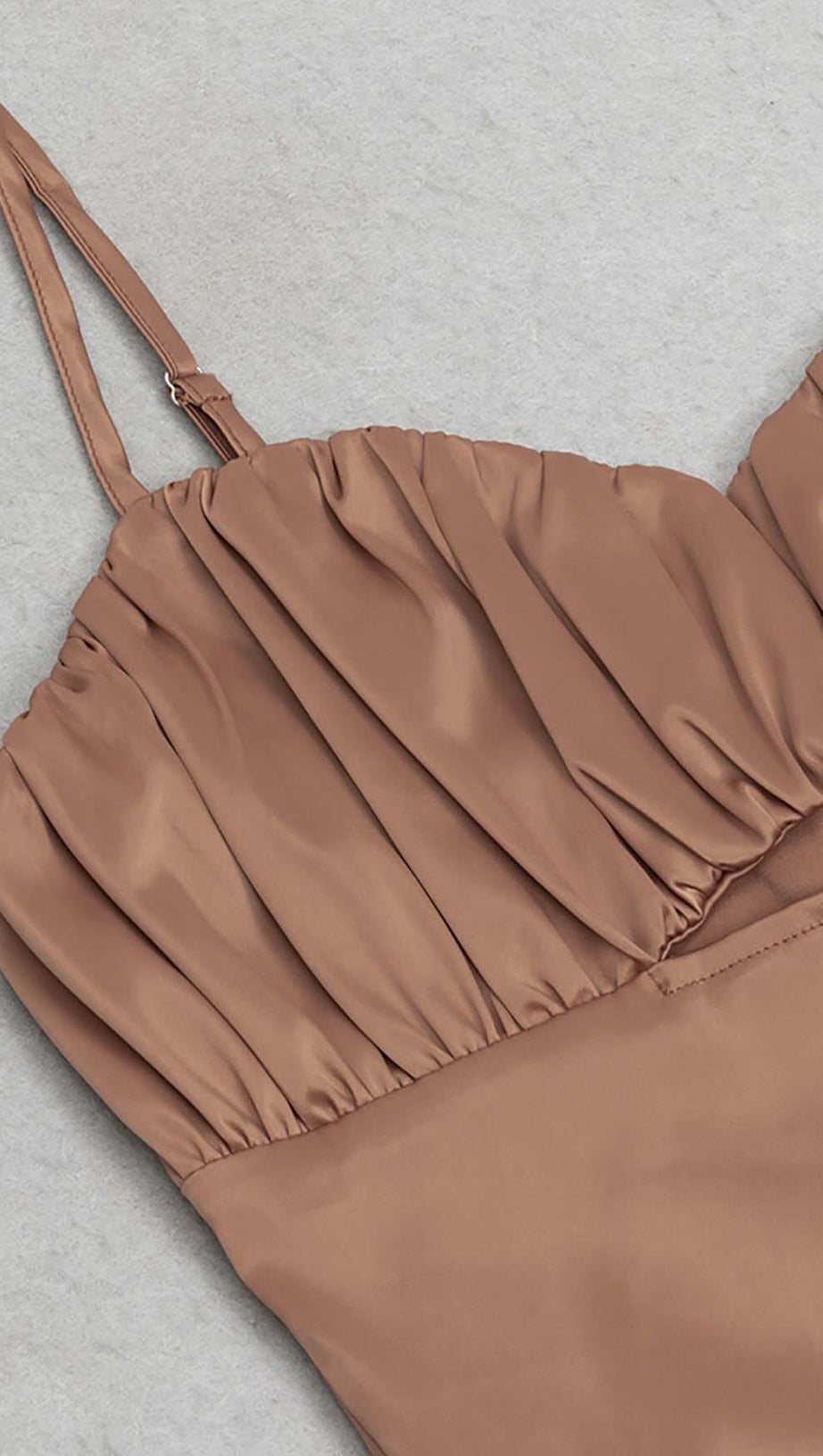SPAGHETTI STRAP RUFFLE MIDI DRESS IN BROWN