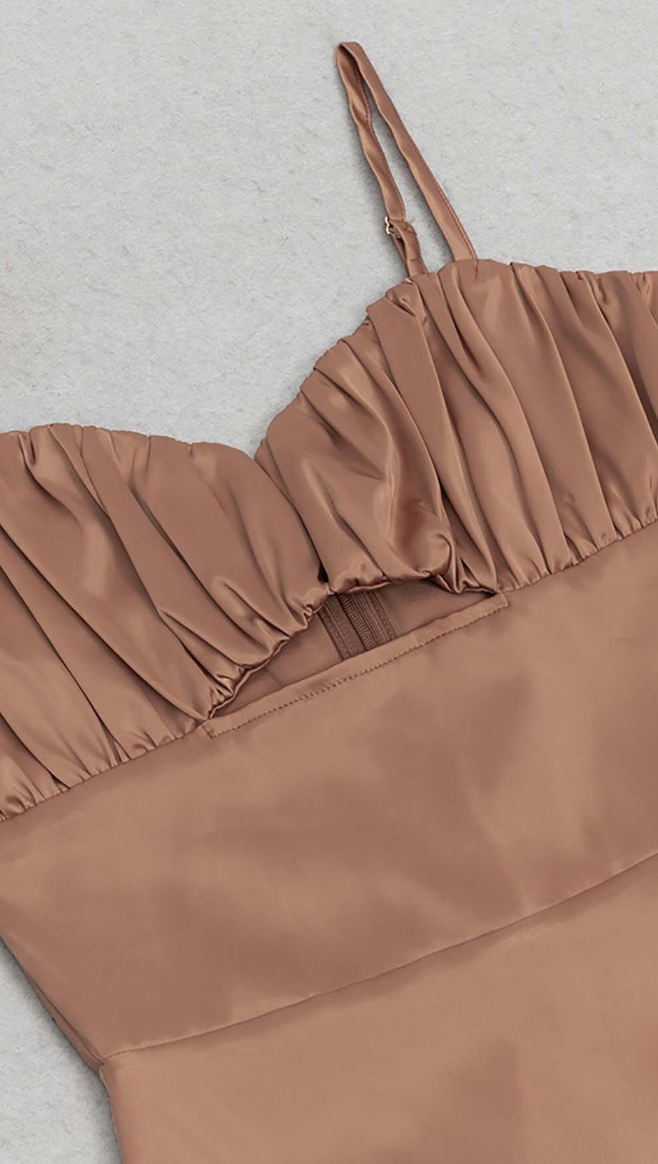 SPAGHETTI STRAP RUFFLE MIDI DRESS IN BROWN