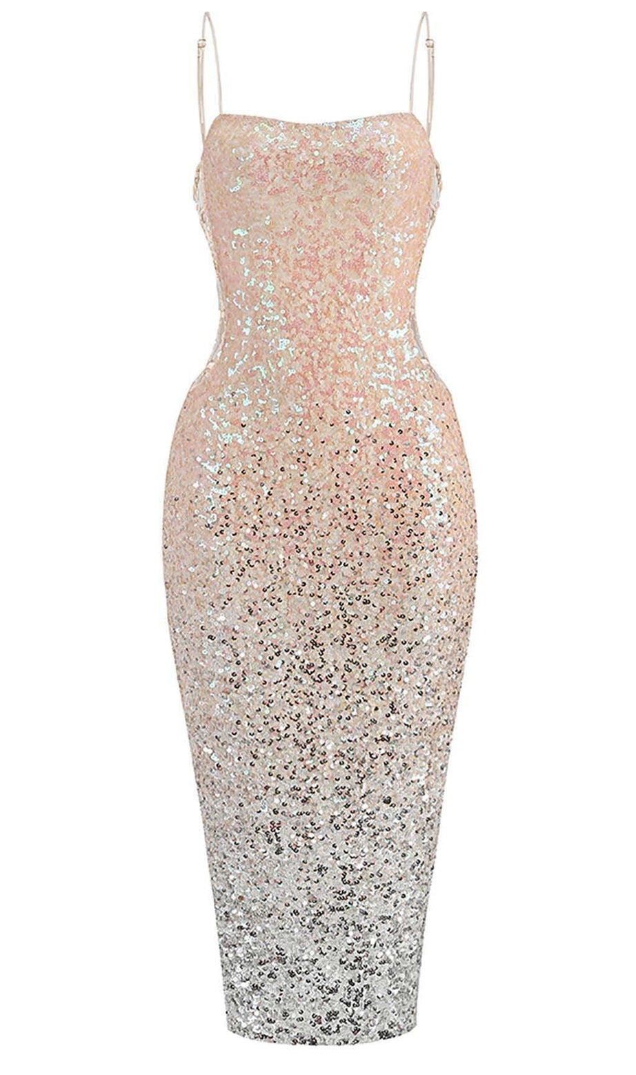 SPAGHETTI STRAP SEQUIN MIDI DRESS IN OMBRE PINK