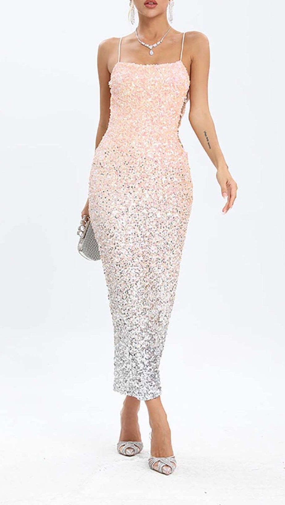 SPAGHETTI STRAP SEQUIN MIDI DRESS IN OMBRE PINK