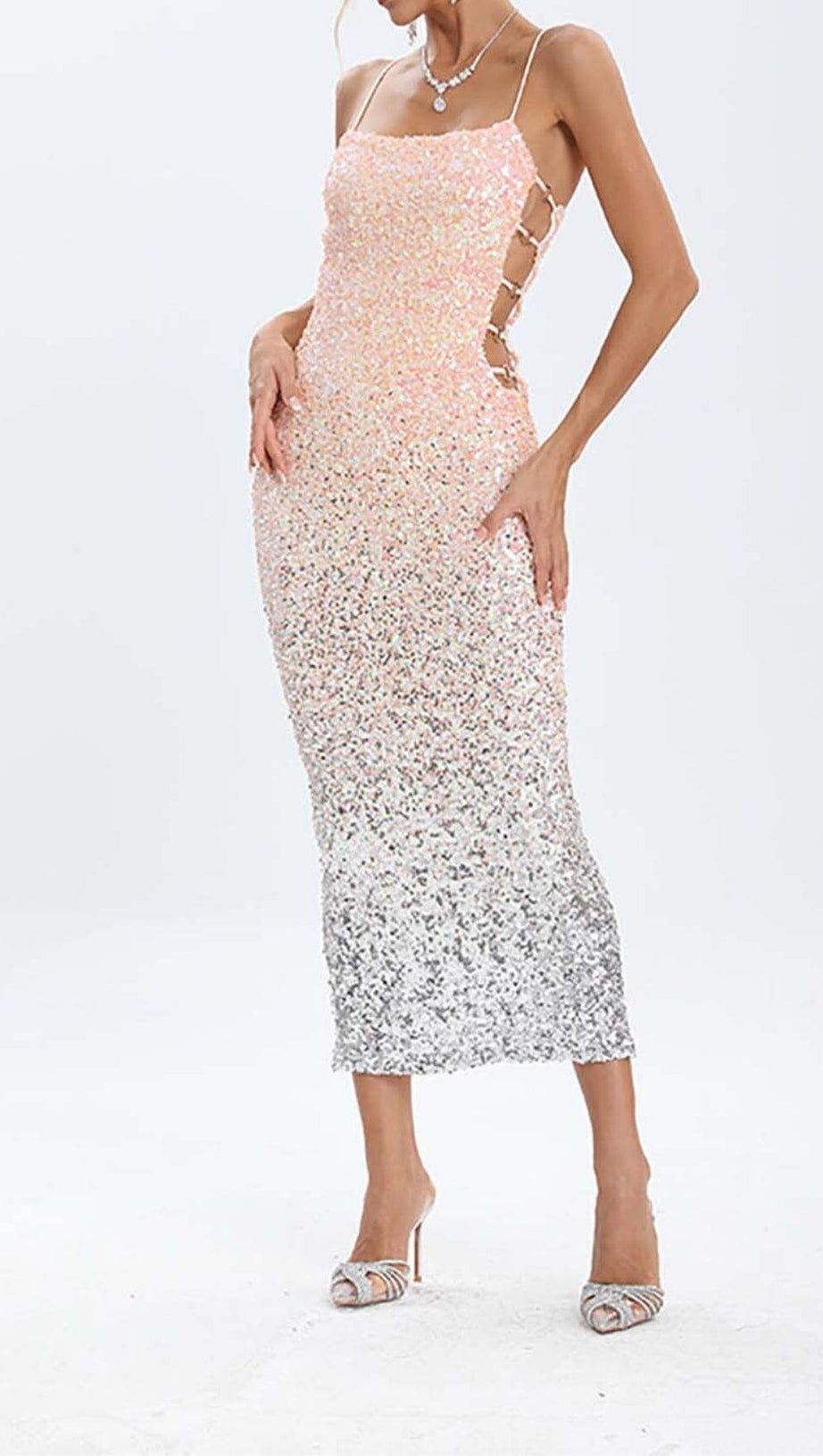 SPAGHETTI STRAP SEQUIN MIDI DRESS IN OMBRE PINK