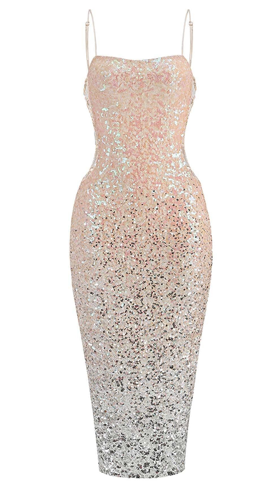 SPAGHETTI STRAP SEQUIN MIDI DRESS IN OMBRE PINK