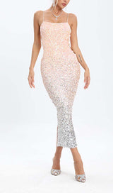 SPAGHETTI STRAP SEQUIN MIDI DRESS IN OMBRE PINK