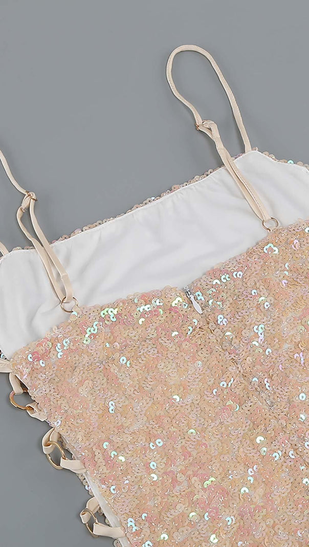ABITO MIDI CON SPAGHETTI E PAILLETTES IN ROSA OMBRE