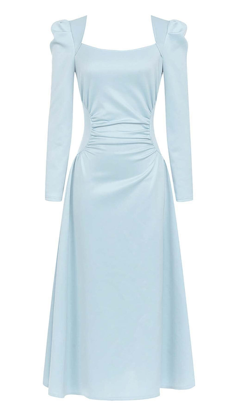 SQUARE NECK FLARED MIDI DRESS IN PASTEL BLUE