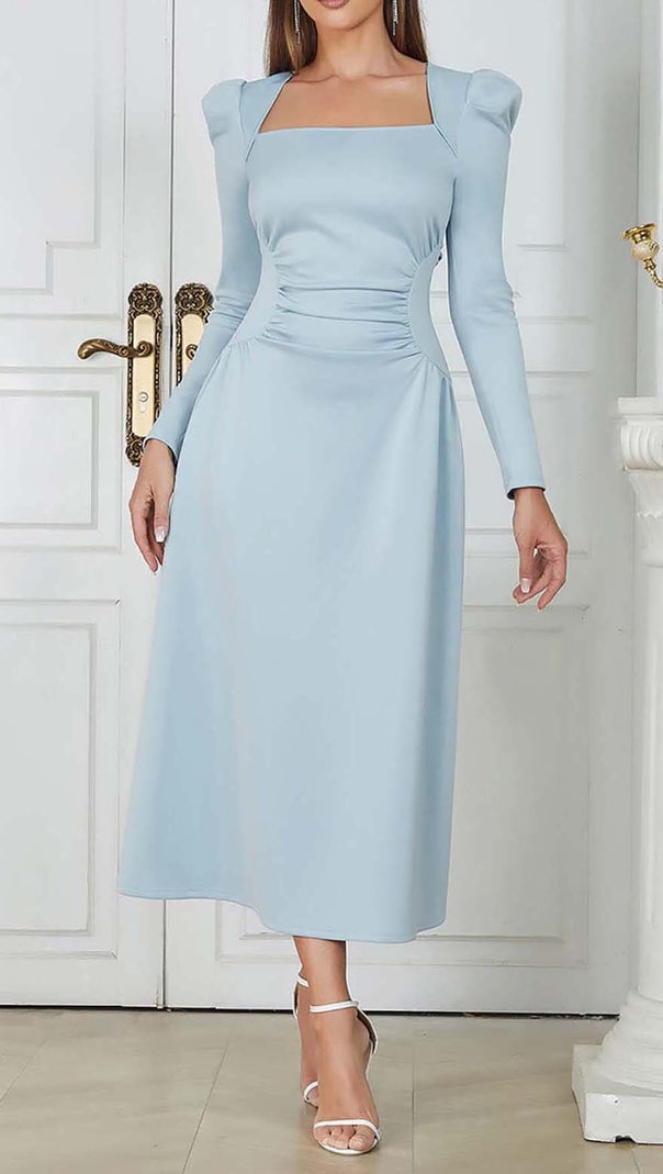 AIIZIE SQUARE NECK FLARED MIDI DRESS IN PASTEL BLUE - product image
