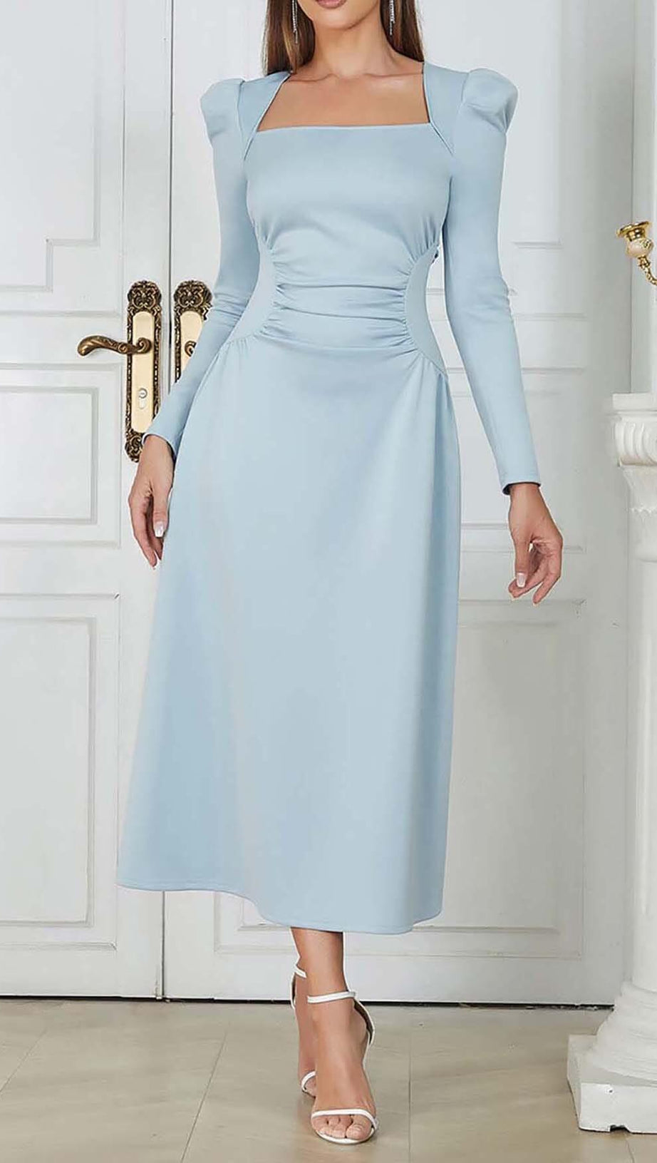 SQUARE NECK FLARED MIDI DRESS IN PASTEL BLUE