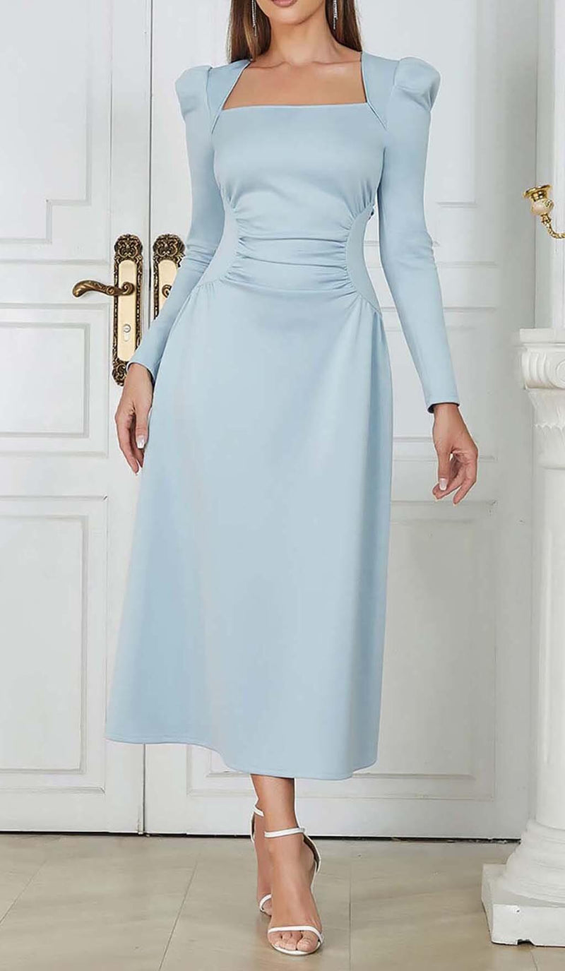 SQUARE NECK FLARED MIDI DRESS IN PASTEL BLUE