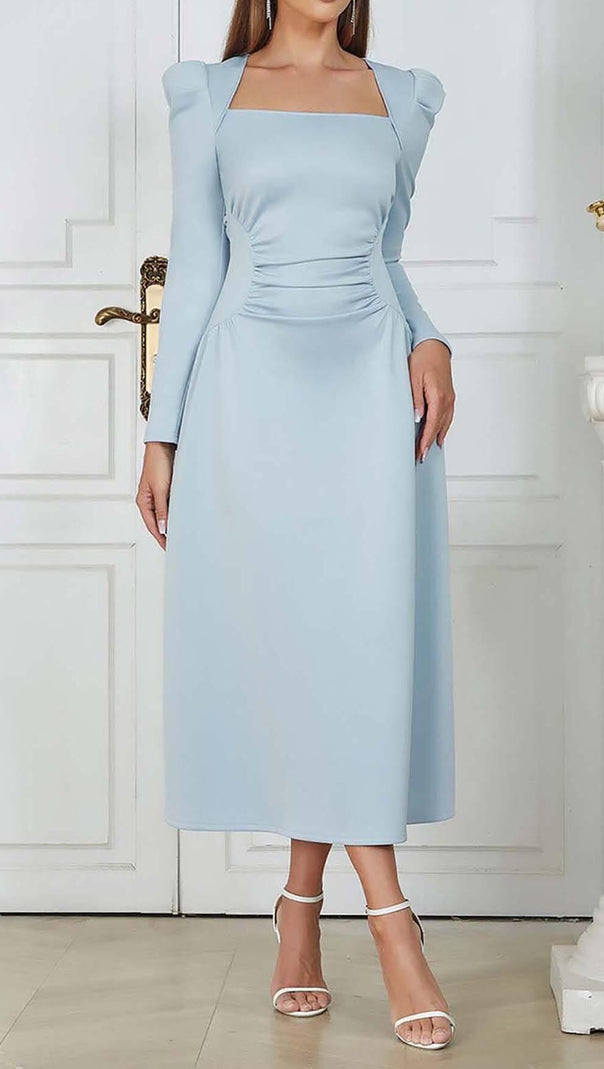 AIIZIE SQUARE NECK FLARED MIDI DRESS IN PASTEL BLUE - product image