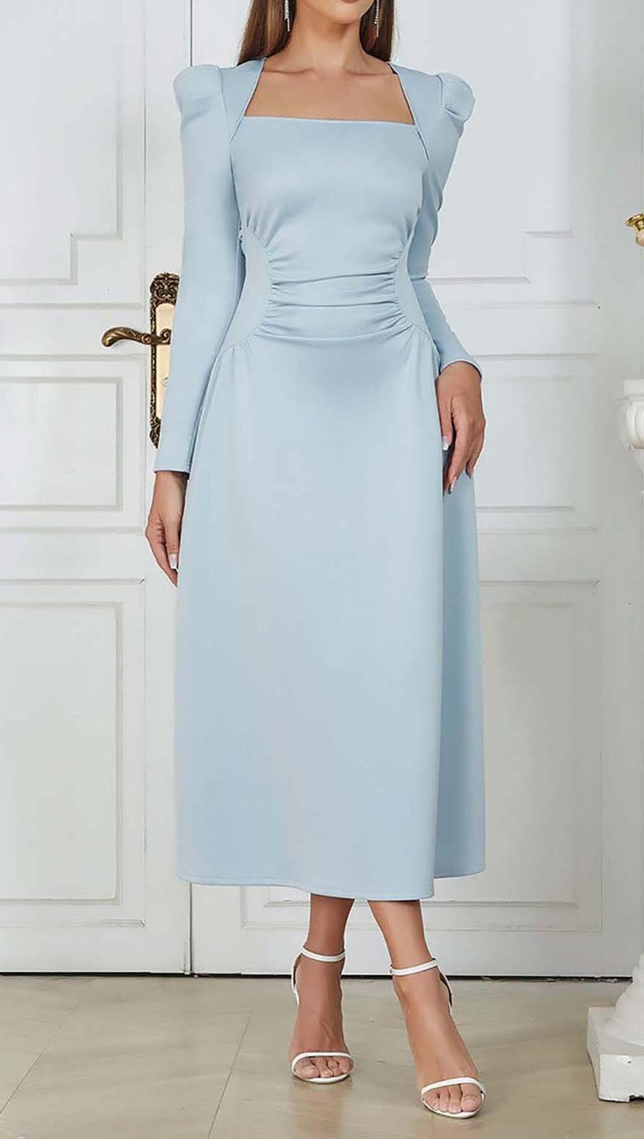 SQUARE NECK FLARED MIDI DRESS IN PASTEL BLUE