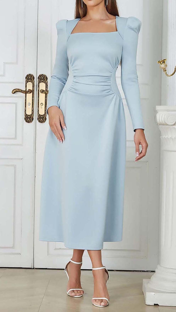 AIIZIE SQUARE NECK FLARED MIDI DRESS IN PASTEL BLUE - product image