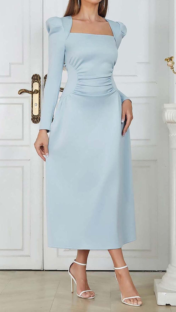 AIIZIE SQUARE NECK FLARED MIDI DRESS IN PASTEL BLUE - product image