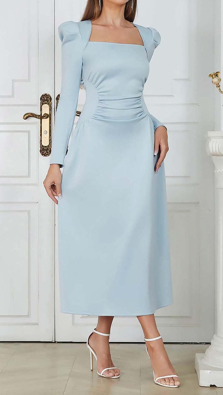 SQUARE NECK FLARED MIDI DRESS IN PASTEL BLUE
