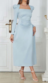 SQUARE NECK FLARED MIDI DRESS IN PASTEL BLUE