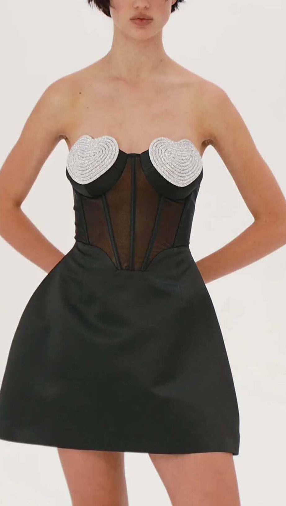 STRAPLESS HEART BUSTIER MINI DRESS IN BLACK