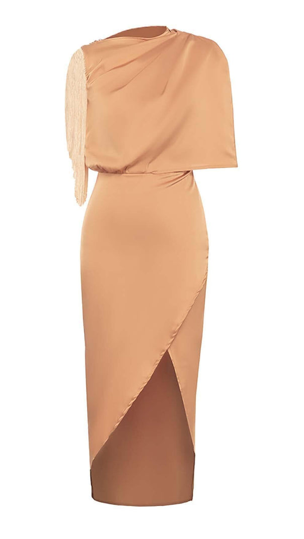 AIIZIE TASSEL SLEEVE SATIN MIDI DRESS IN BROWN - product image