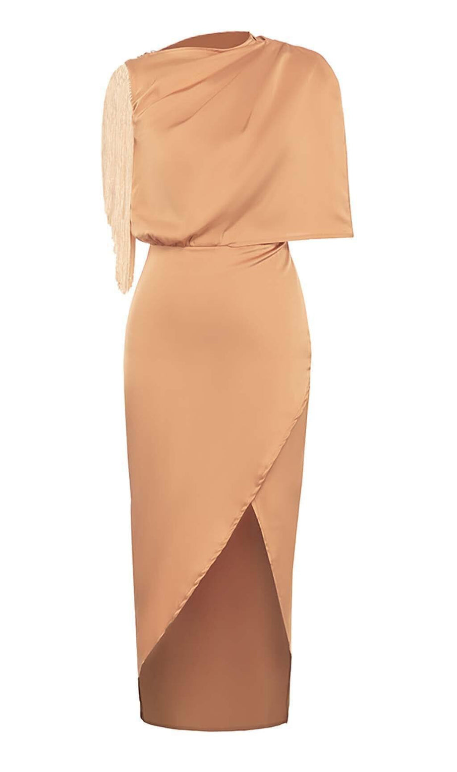 TASSEL SLEEVE SATIN MIDI DRESS IN BROWN