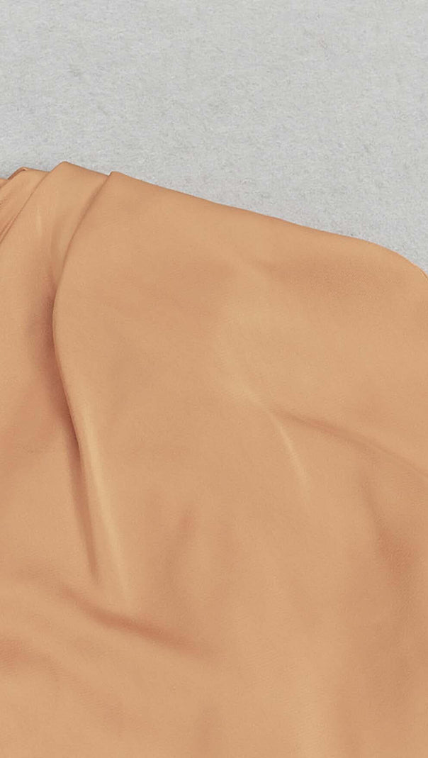 ABITO MIDI IN RASO CON MANICHE A NAPPA, COLOR MARRONE