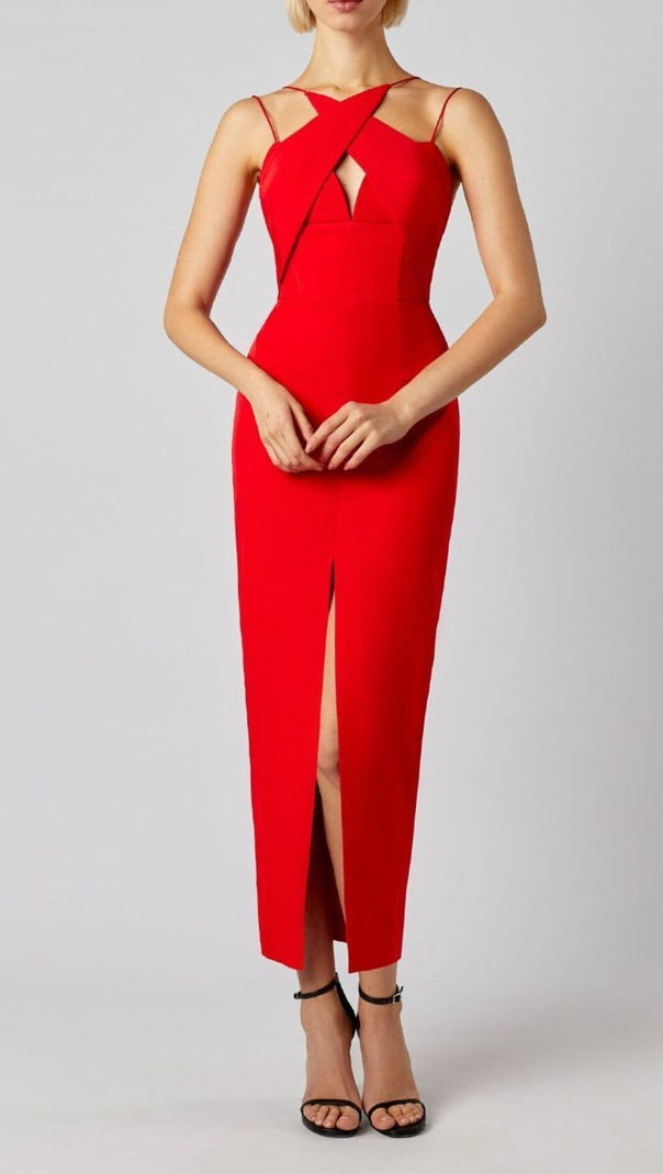 AIIZIE SLEEVELESS KEY HOLE SPLIT BACKLESS RED BANDAGE MIDI DRESS - product image