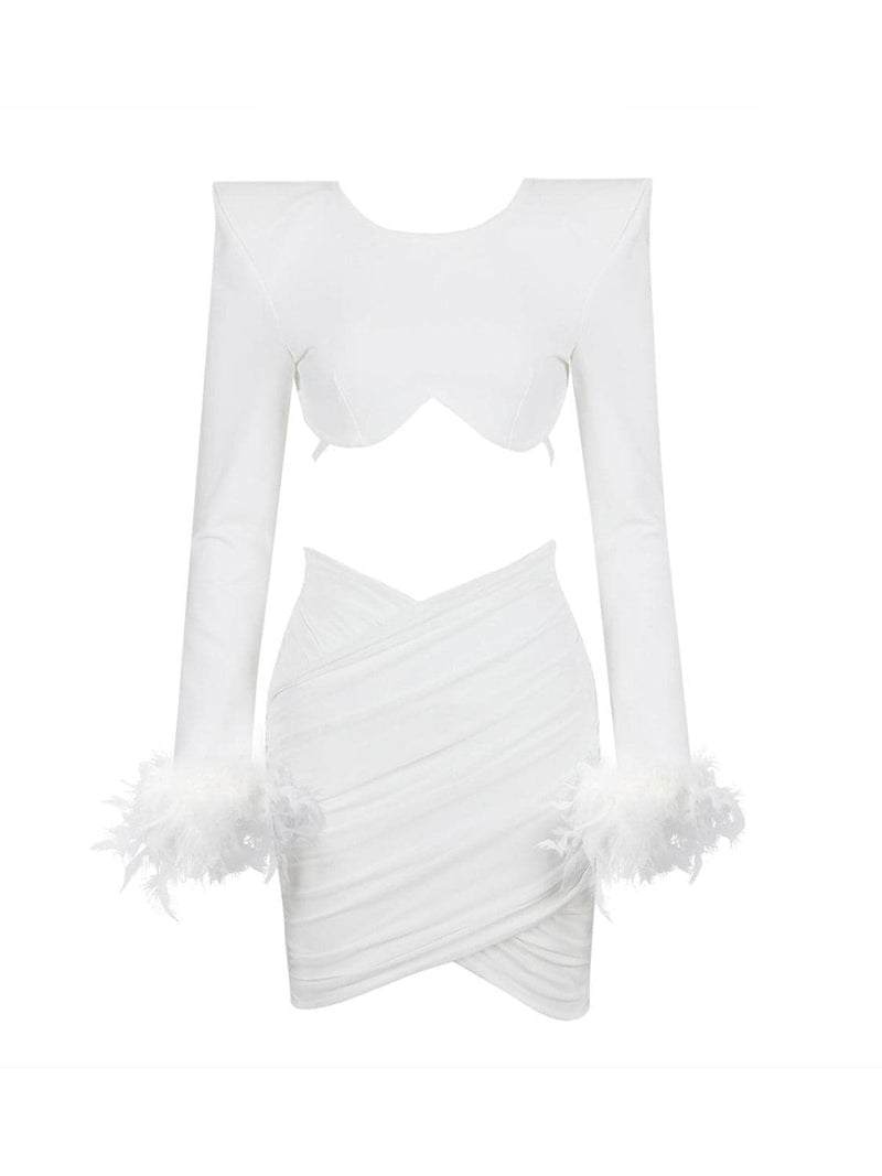 Fauna Long Sleeve Feather Mesh Bandage Set In White