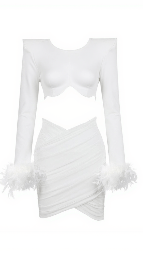 FAUNA SET DI BENDAGGI IN RETE DI PIUME A MANICHE LUNGHE IN BIANCO