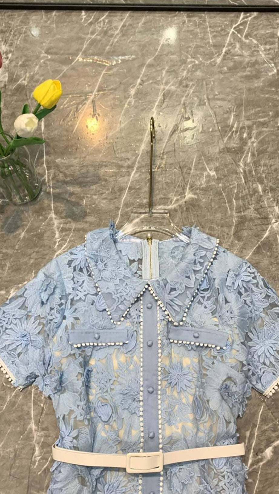 A-LINE FLORAL EMBROIDERY MINI DRESS IN BLUE