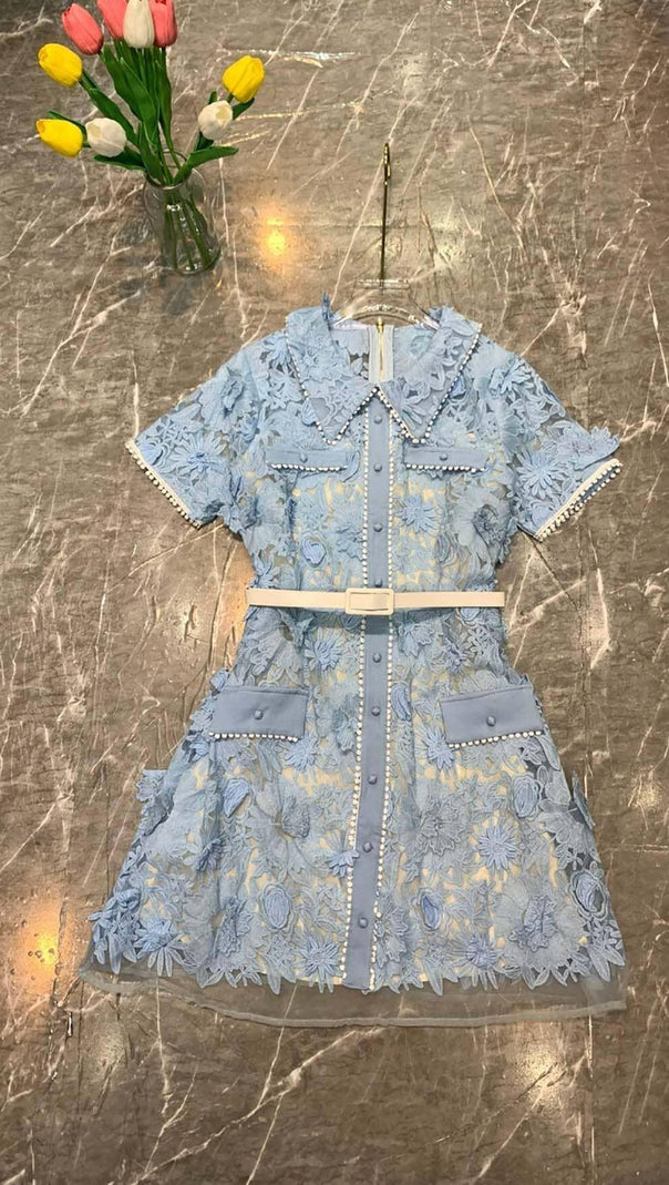 AIIZIE A-LINE FLORAL EMBROIDERY MINI DRESS IN BLUE - product image