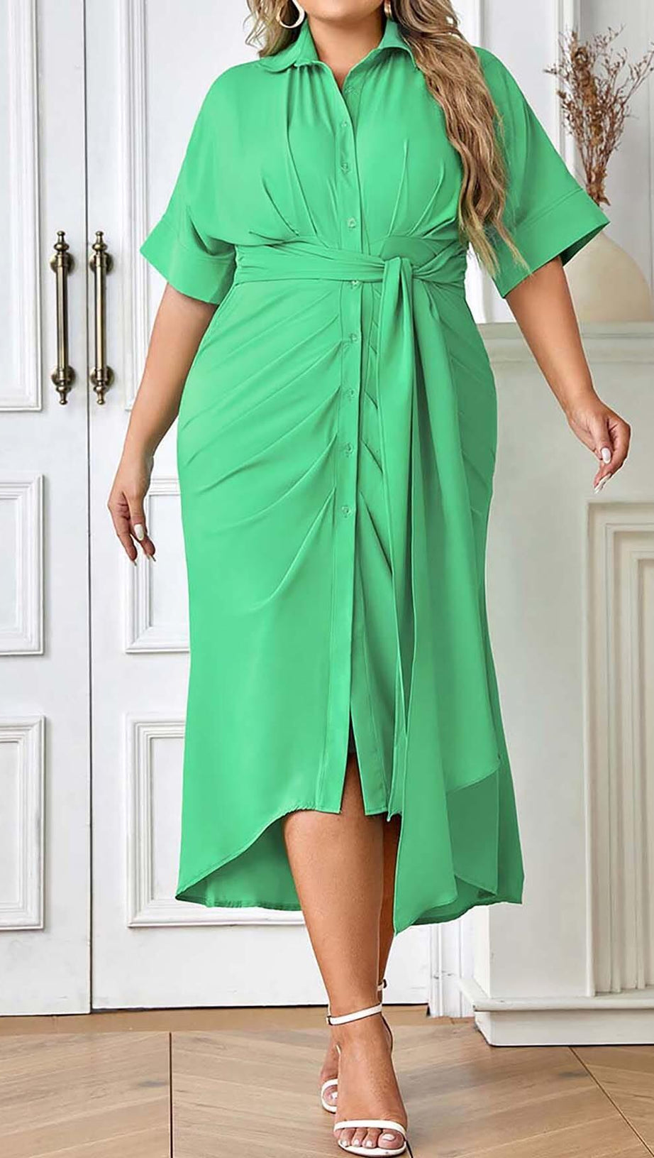 BATWING SLEEVE SHIRT MIDI DRESS IN GREEN