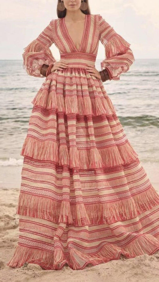 AIIZIE DEEP V TASSEL BLOUSON SLEEVES MAXI DRESS - product image