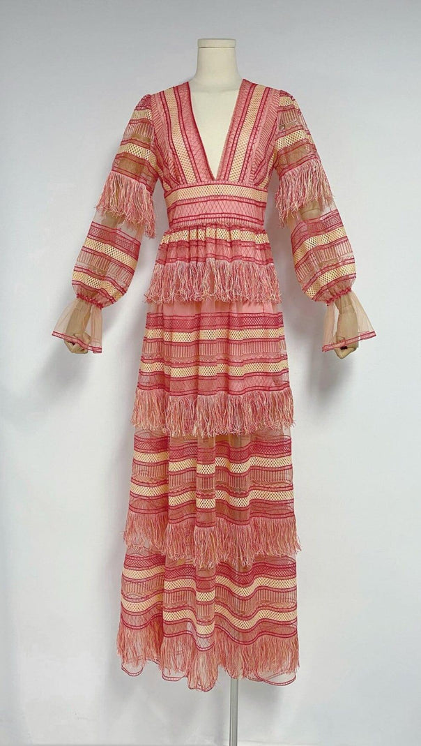 AIIZIE DEEP V TASSEL BLOUSON SLEEVES MAXI DRESS - product image