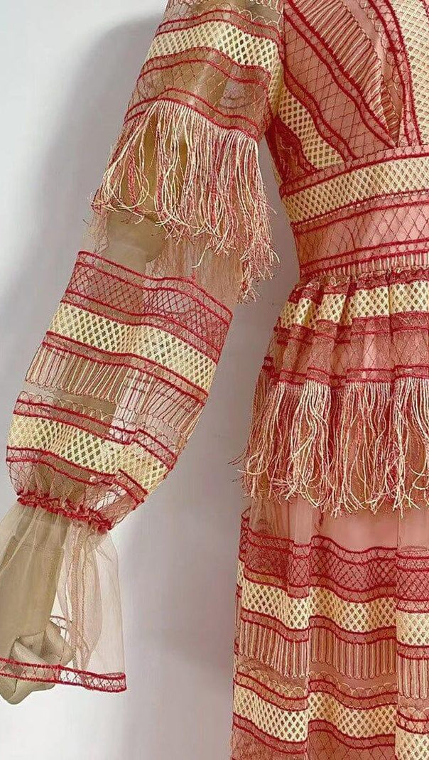 AIIZIE DEEP V TASSEL BLOUSON SLEEVES MAXI DRESS - product image