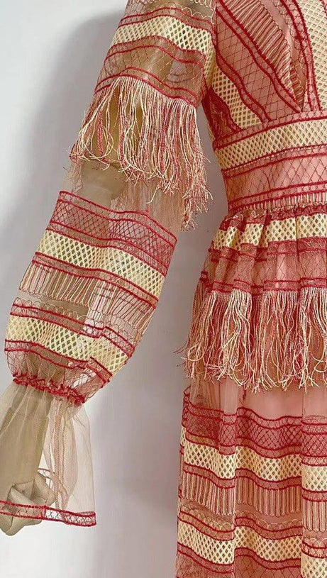 DEEP V TASSEL BLOUSON SLEEVES MAXI DRESS