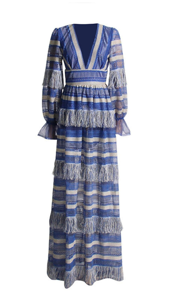 AIIZIE DEEP V TASSEL BLOUSON SLEEVES MAXI DRESS IN BLUE - product image