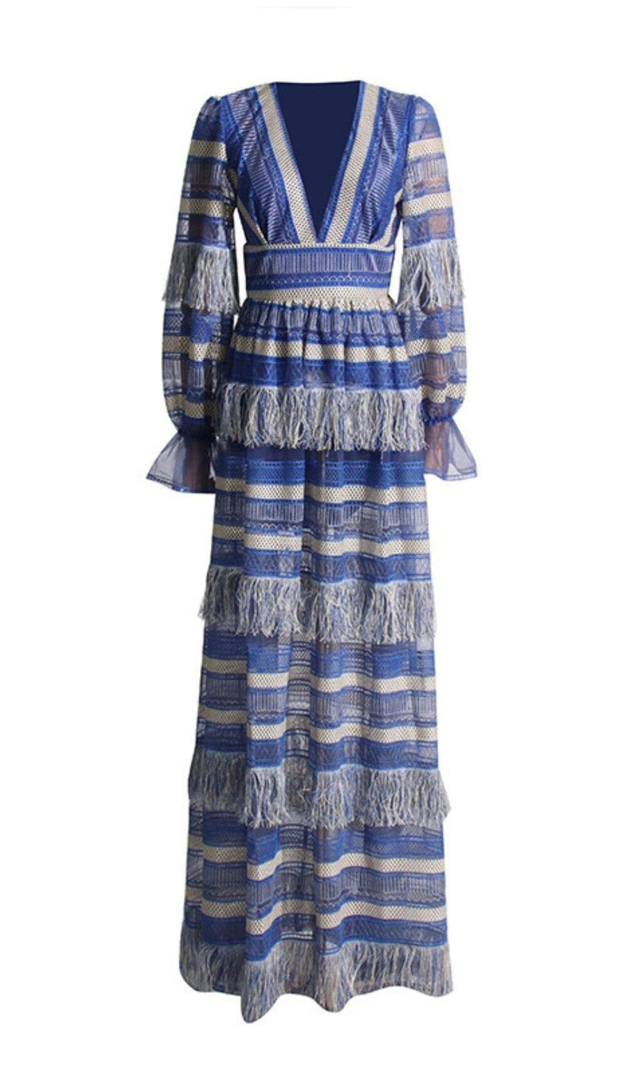 MAXIKLEID MIT TIEFEN V-AUSSCHNITT UND QUASTEN IN BLOUSON-ÄRMELN IN BLAU