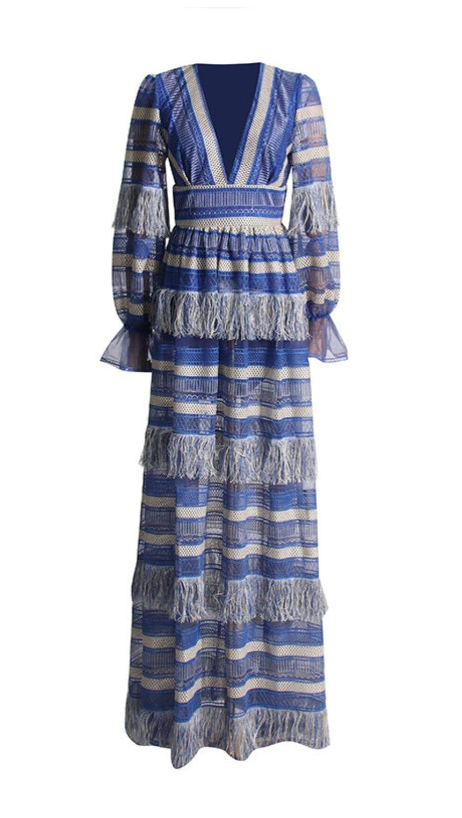 MAXIKLEID MIT TIEFEN V-AUSSCHNITT UND QUASTEN IN BLOUSON-ÄRMELN IN BLAU