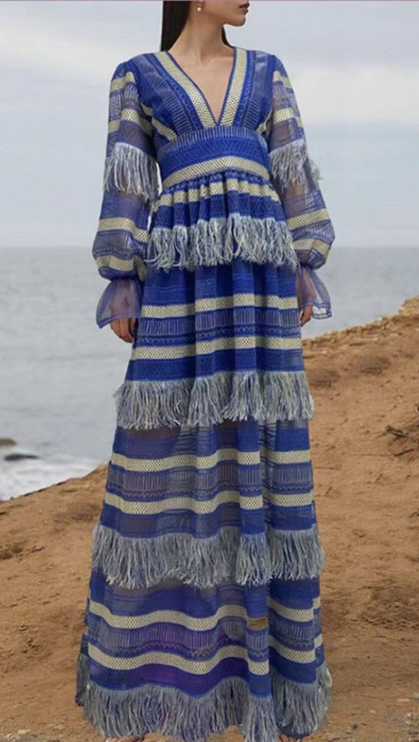 AIIZIE DEEP V TASSEL BLOUSON SLEEVES MAXI DRESS IN BLUE - product image