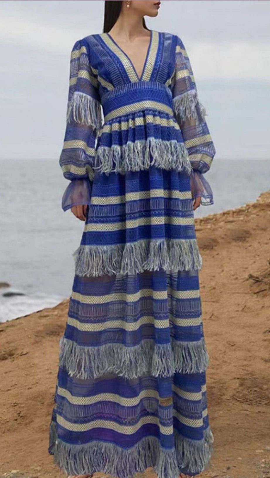 DEEP V TASSEL BLOUSON SLEEVES MAXI DRESS IN BLUE